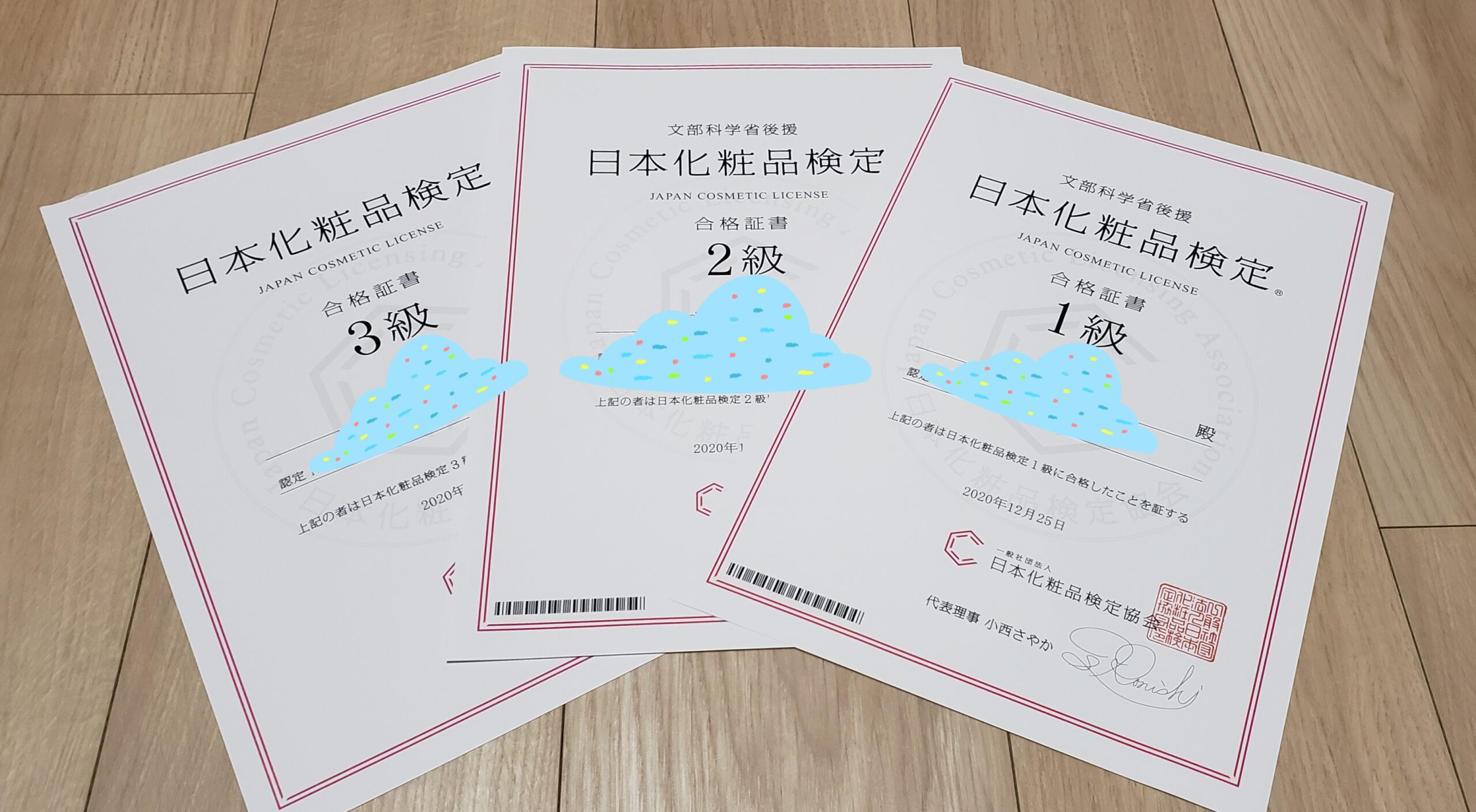 日本化粧品検定1級認定書